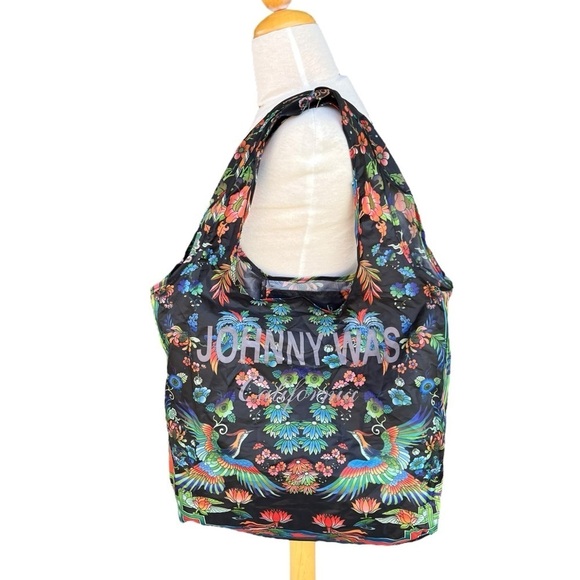 Johnny Was Large Reusable Shopper Tote Bag Floral Birds Packable Foldable 18x15 - Picture 1 of 7
